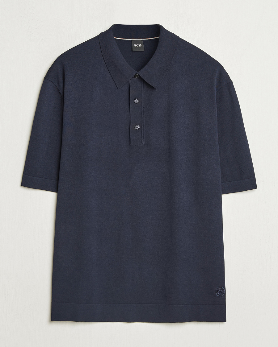 Herr | Pikéer | BOSS BLACK | Jervasoni Cotton/Silk Knitted Polo Dark Blue