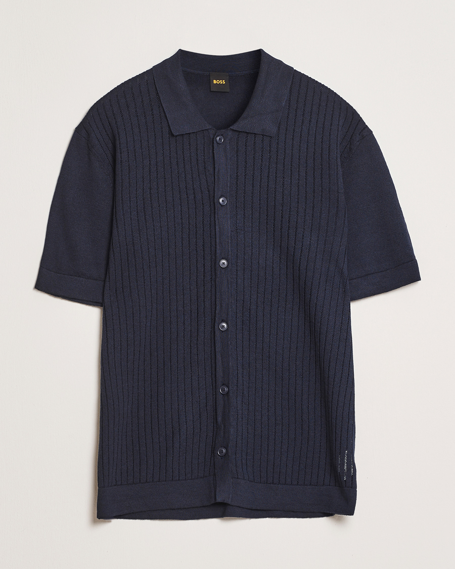 Herr | Skjortor | BOSS ORANGE | Kamicino Knitted Short Sleeve Shirt Dark Blue