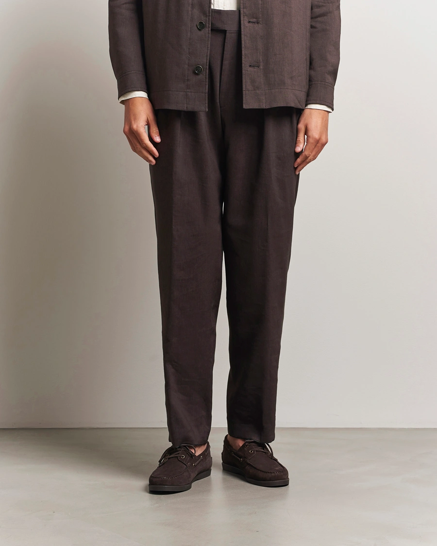 Herr | Byxor | BOSS CAMEL | Port Linen Double Pleated Trousers Dark Brown
