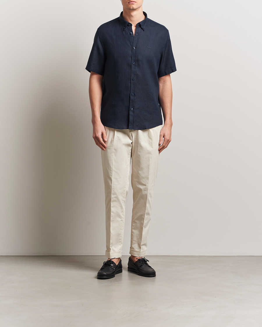 Herr | Skjortor | BOSS BLACK | Liam Linen Short Sleeve Shirt Dark Blue