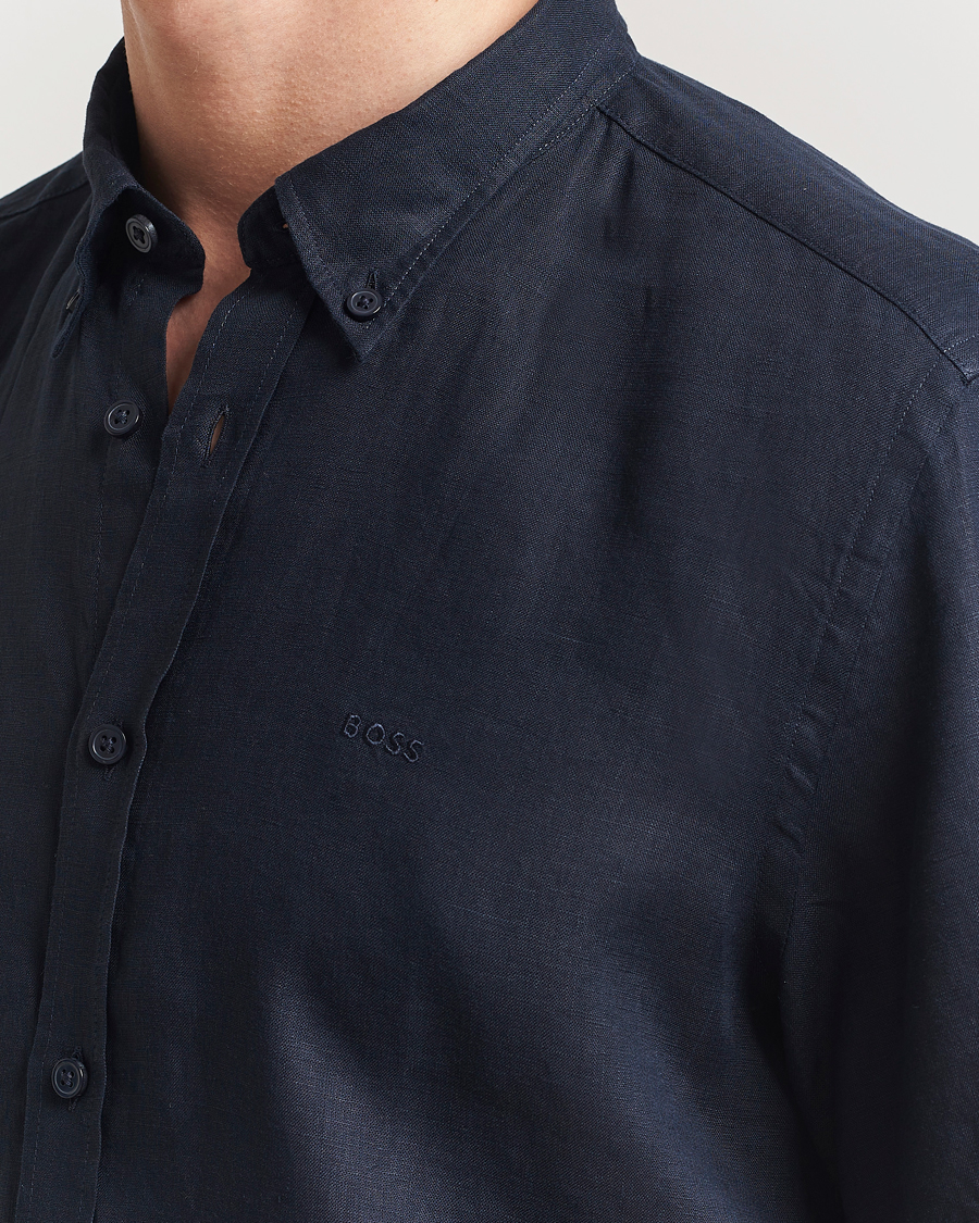 Herr | Skjortor | BOSS BLACK | Liam Linen Short Sleeve Shirt Dark Blue