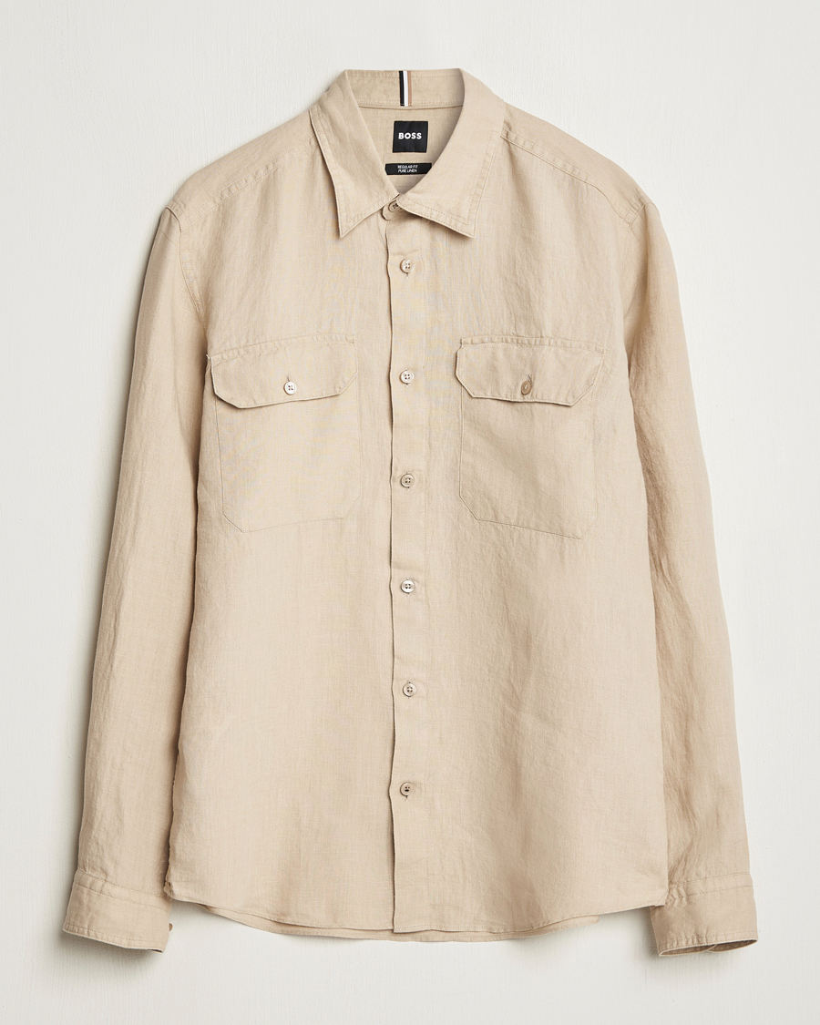 Herr | Skjortor | BOSS BLACK | Liam Linen Pocket Overshirt Light Beige