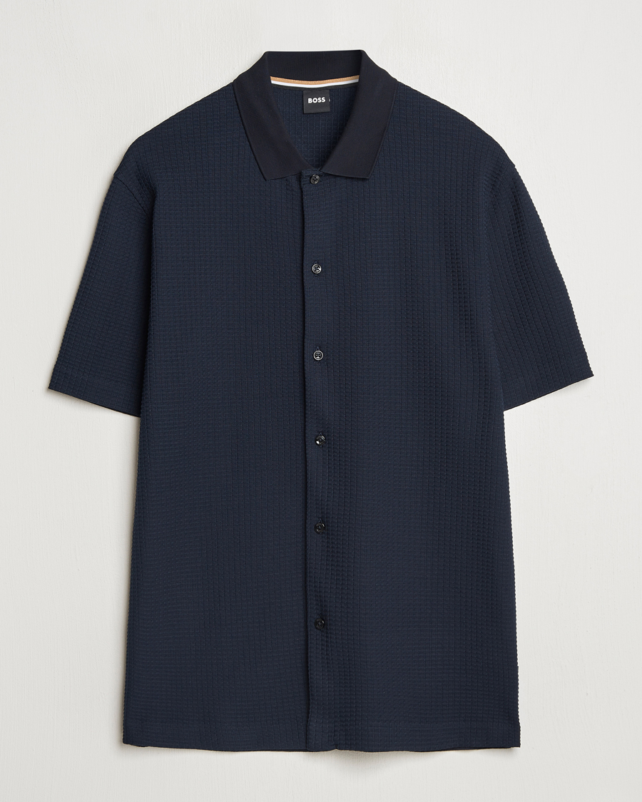 Herr | Skjortor | BOSS BLACK | Palladio Knitted Short Sleeve Shirt Dark Blue