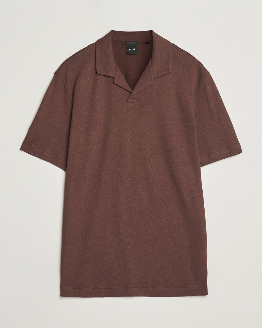 Herr | Pikéer | BOSS BLACK | Ponti Cotton/Linen Open Collar Polo Dark Brown