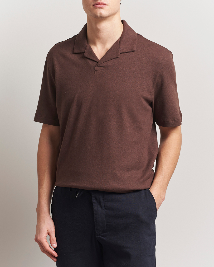 Herr | Pikéer | BOSS BLACK | Ponti Cotton/Linen Open Collar Polo Dark Brown