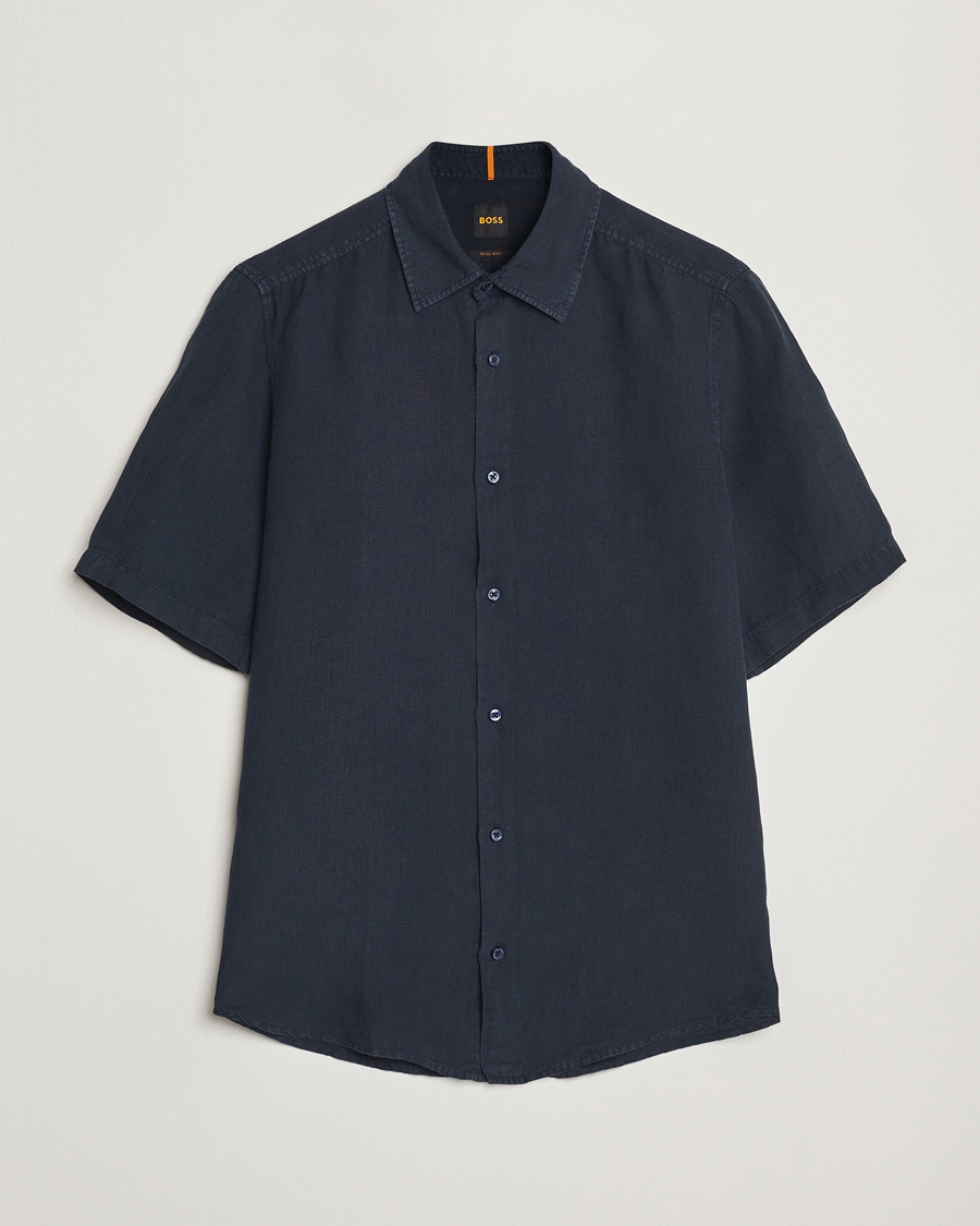 Herr | Skjortor | BOSS ORANGE | Rash Linen Short Sleeve Shirt Dark Blue