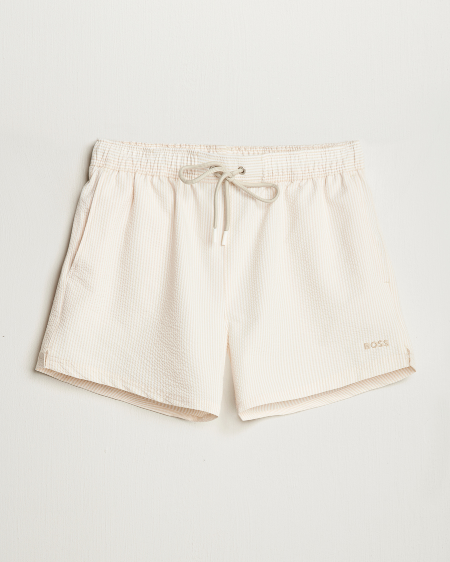 Herr | Badbyxor | BOSS BLACK | Velvetfish Seersucker Swimshorts Open White