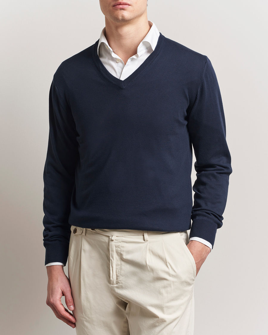 Herr | Tröjor | Morgano | Supersoft Egyptian Cotton V-Neck Navy