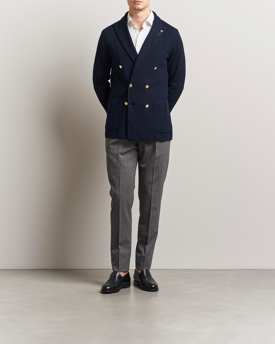 Herr | Kavajer | Lardini | Double Breasted Knitted Cotton Blazer Navy