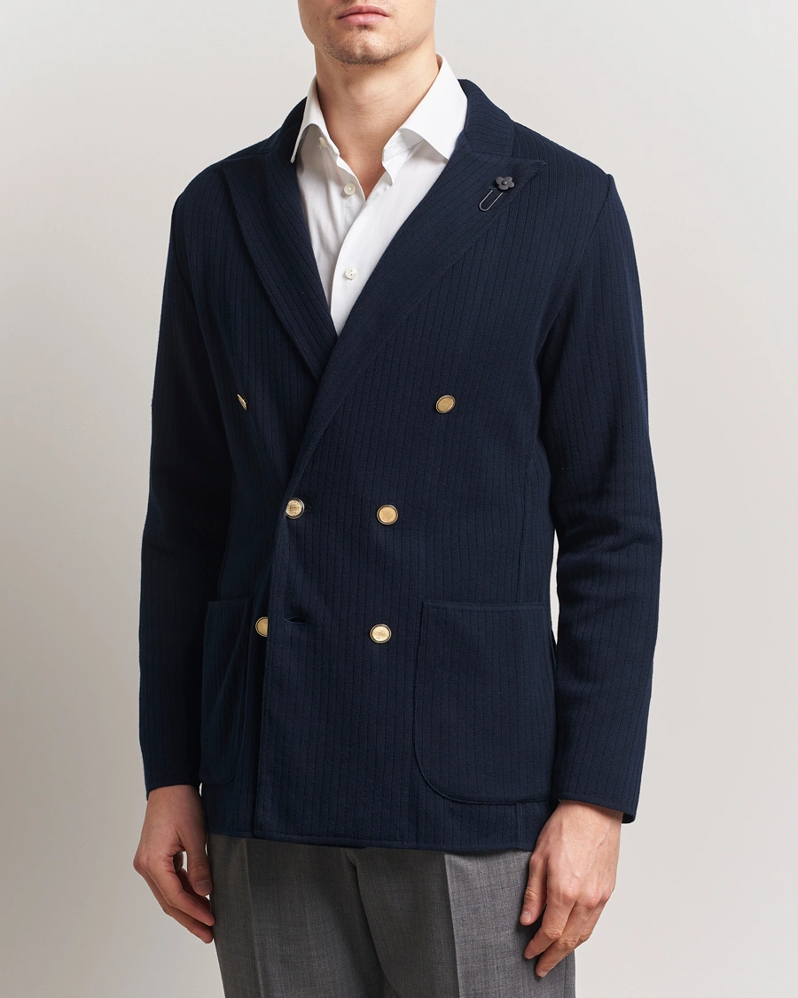 Herr | Kavajer | Lardini | Double Breasted Knitted Cotton Blazer Navy