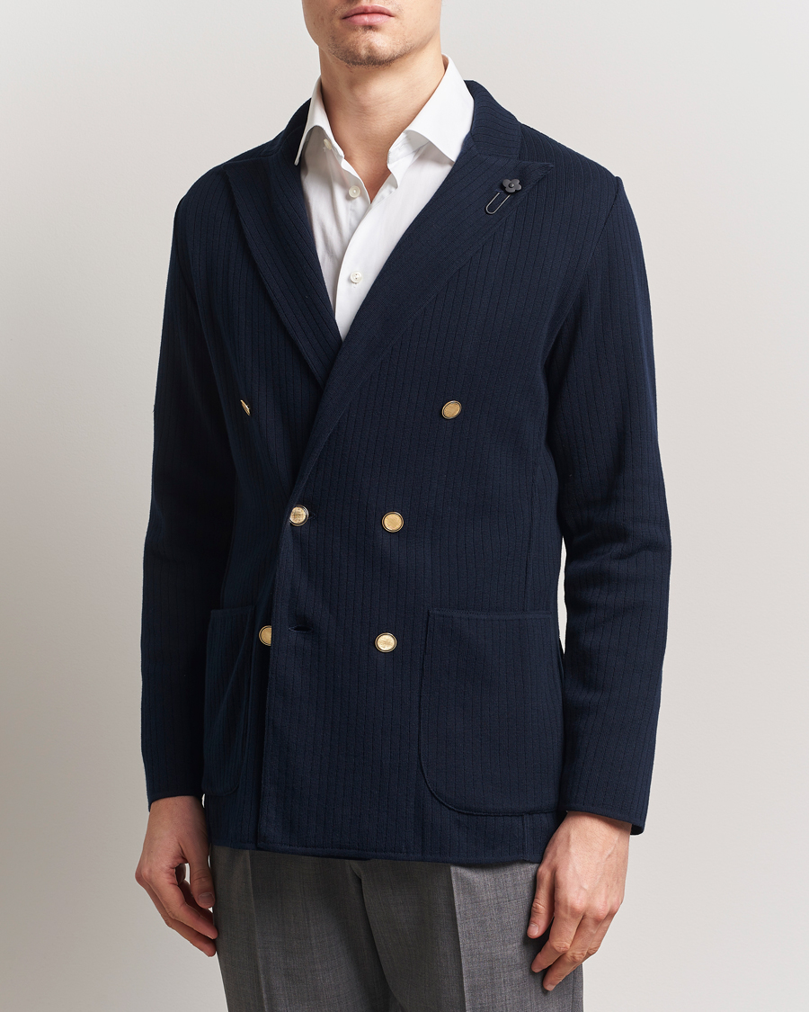 Herr | Kavajer | Lardini | Double Breasted Knitted Cotton Blazer Navy
