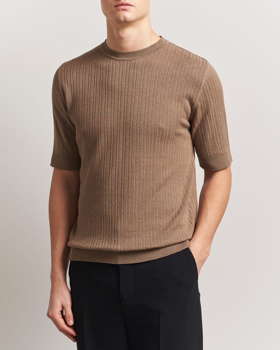 Herr | T-Shirts | Lardini | Knitted Linen/Cotton T-Shirt Light Brown