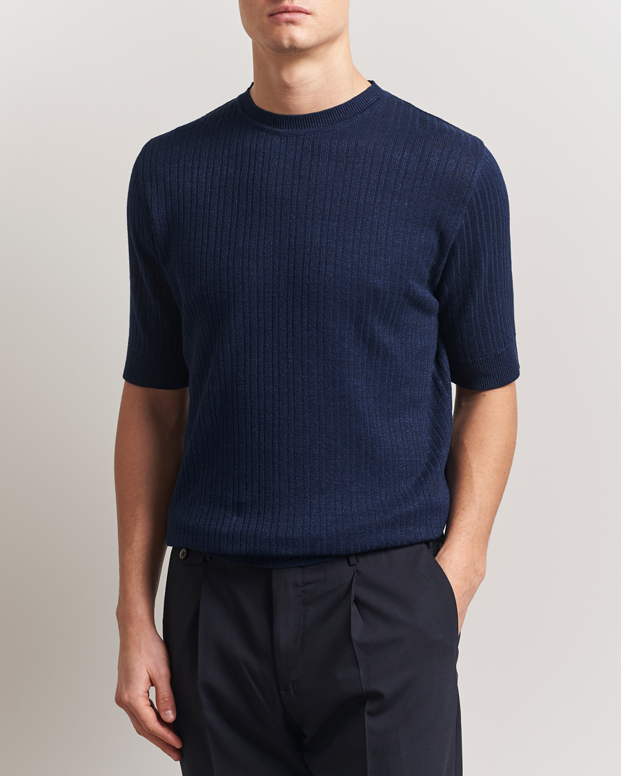 Herr | T-Shirts | Lardini | Knitted Linen/Cotton T-Shirt Navy