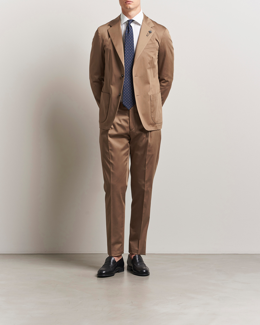 Herr | Byxor | Lardini | Pleated Cotton Stretch Trousers Light Brown