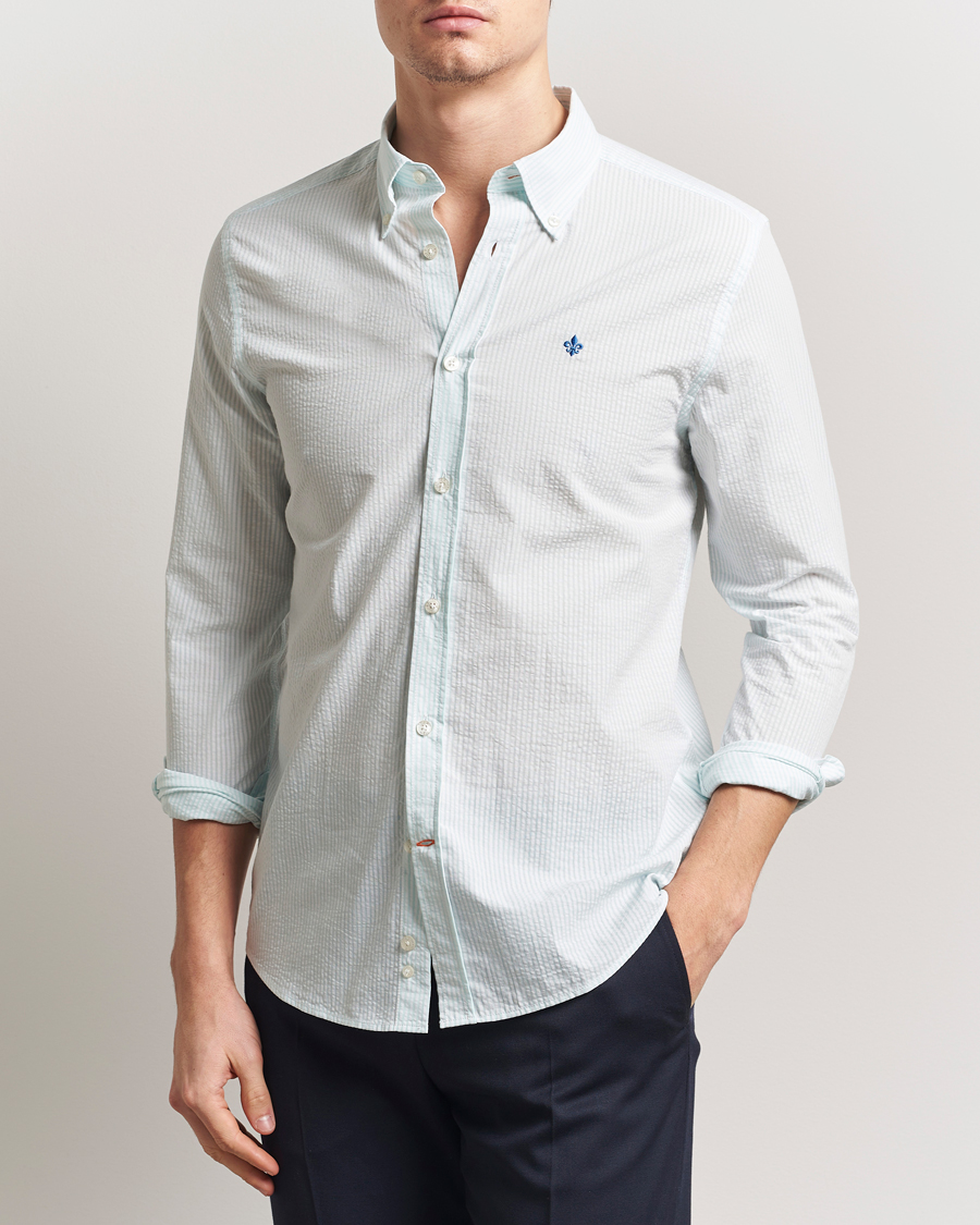Herr | Skjortor | Morris | Slim Fit Striped Seersucker Shirt Turquoise