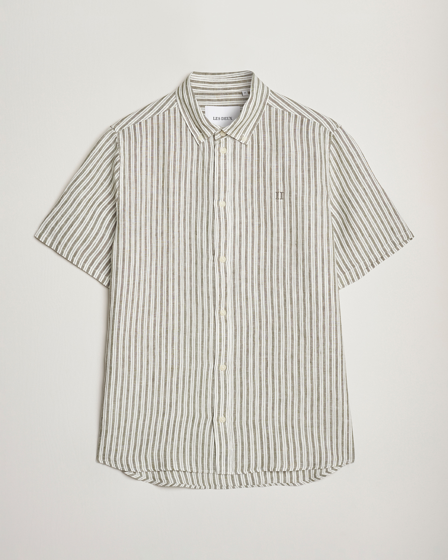 Herr | Skjortor | LES DEUX | Kris Linen Short Sleeve Shirt Ivory/Green