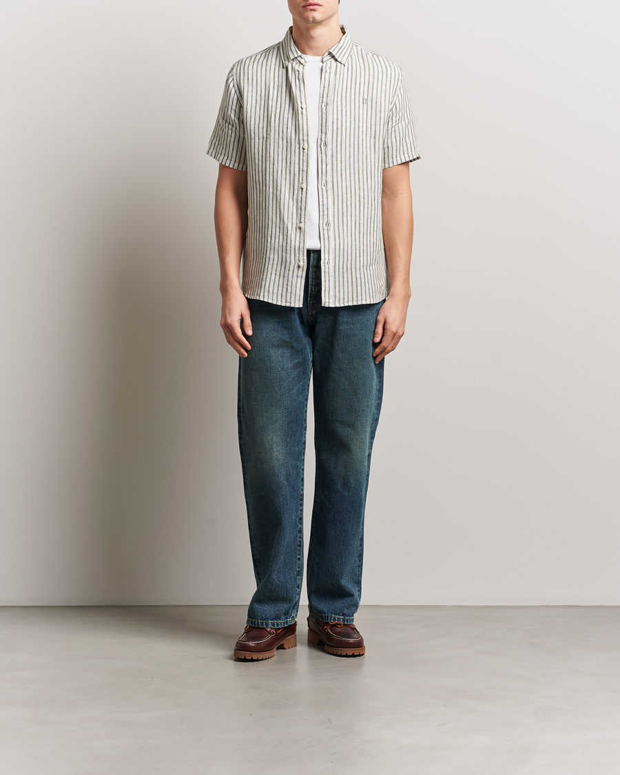 Herr | Skjortor | LES DEUX | Kris Linen Short Sleeve Shirt Ivory/Green