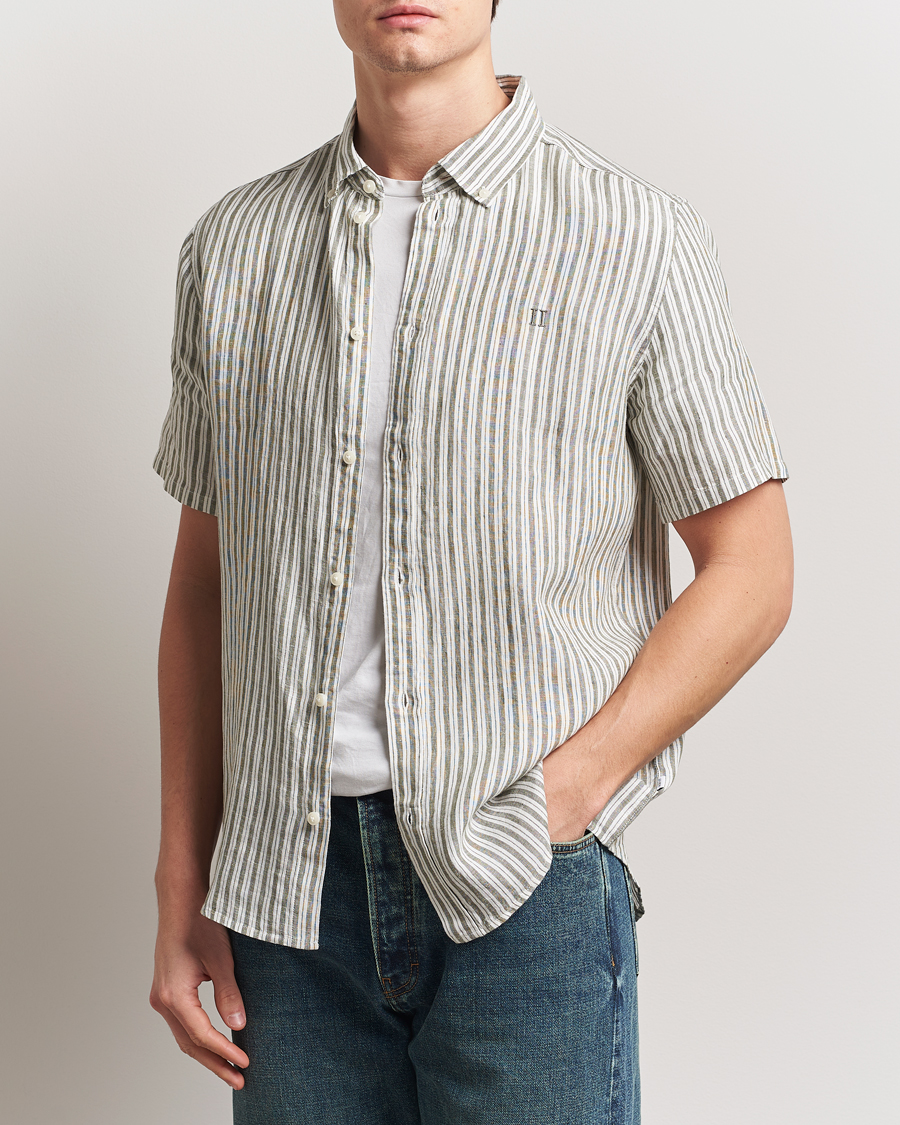 Herr | Skjortor | LES DEUX | Kris Linen Short Sleeve Shirt Ivory/Green