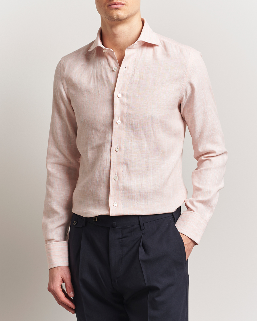 Herr | Skjortor | 100Hands | Cut Away Double Cuff Striped Linen Shirt Pink
