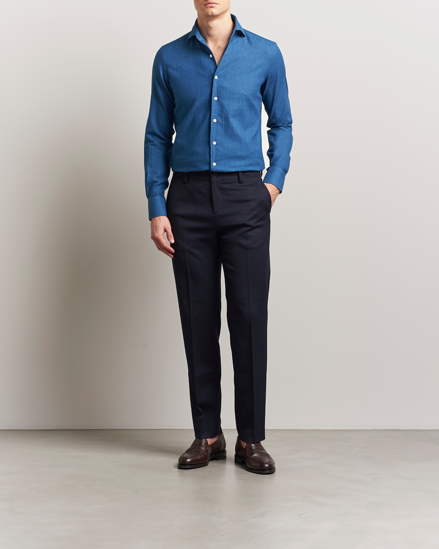 Herr | Skjortor | 100Hands | Garment Washed Denim Linen Shirt Mid Blue