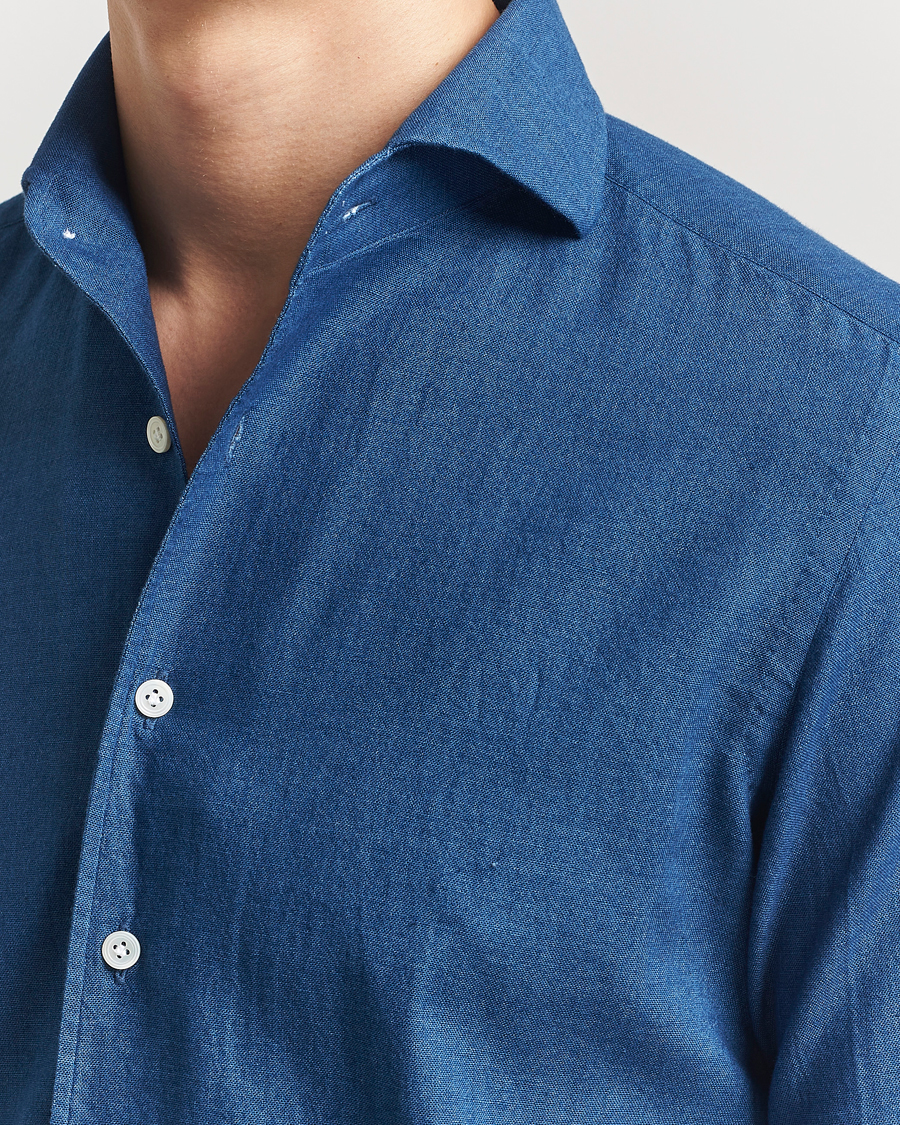 Herr | Skjortor | 100Hands | Garment Washed Denim Linen Shirt Mid Blue