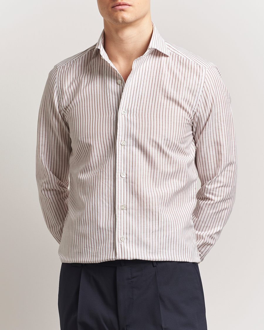 Herr | Skjortor | 100Hands | Cut Away Striped Linen Shirt Brown