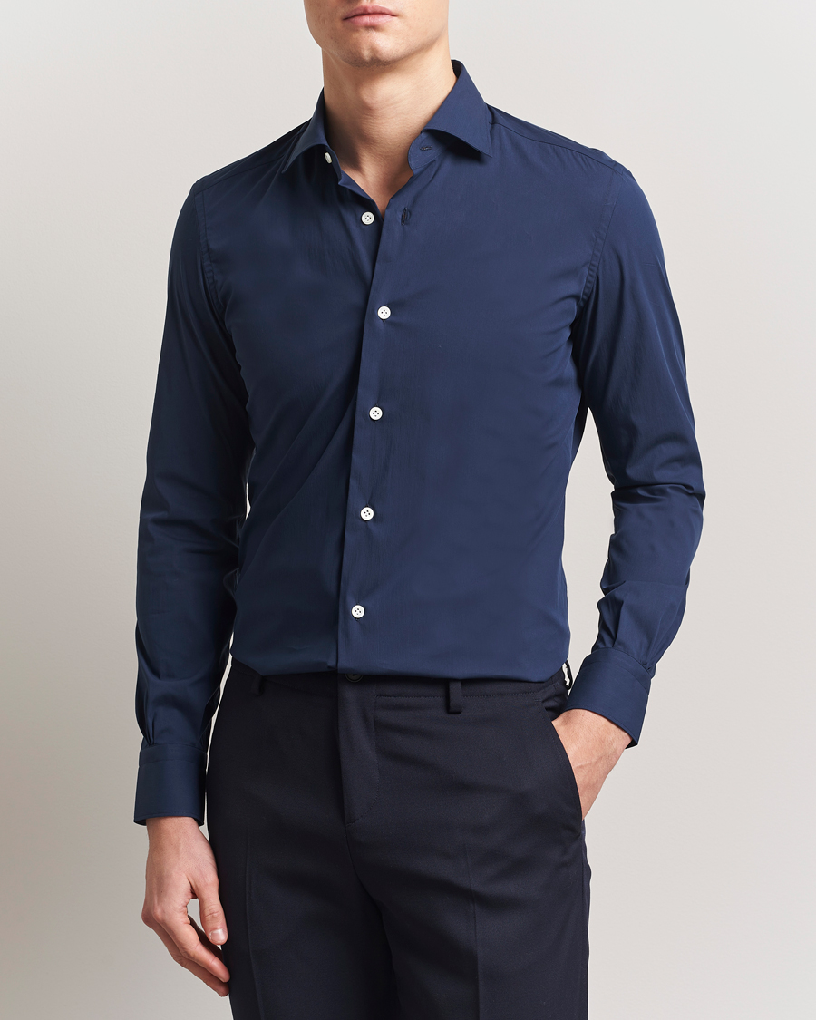 Herr | Skjortor | Mazzarelli | Soft Cotton/Stretch Cut Away Shirt Navy