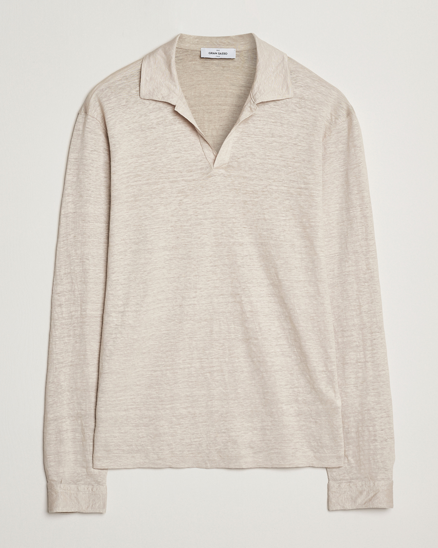 Herr | Pikéer | Gran Sasso | Washed Linen Long Sleeve Polo Beige Melange