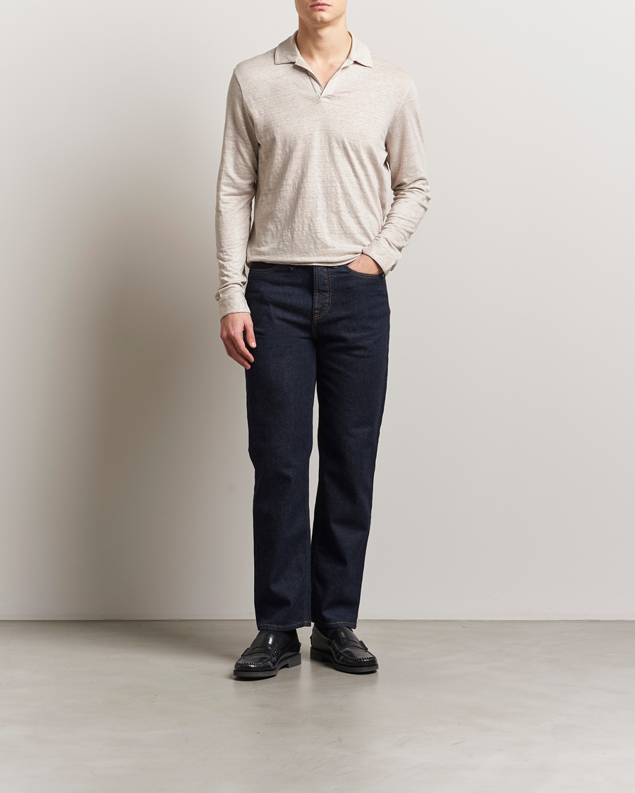 Herr | Pikéer | Gran Sasso | Washed Linen Long Sleeve Polo Beige Melange