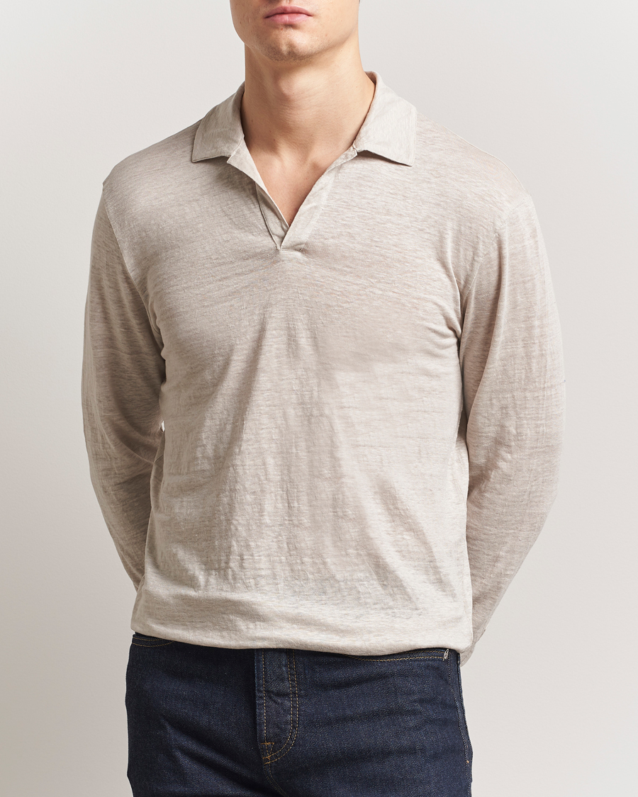Herr | Pikéer | Gran Sasso | Washed Linen Long Sleeve Polo Beige Melange