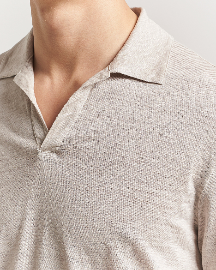 Herr | Pikéer | Gran Sasso | Washed Linen Long Sleeve Polo Beige Melange