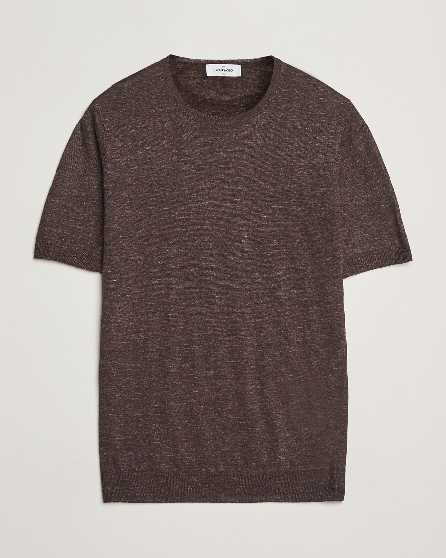Herr | T-Shirts | Gran Sasso | Knitted Linen T-Shirt Dark Brown Melange