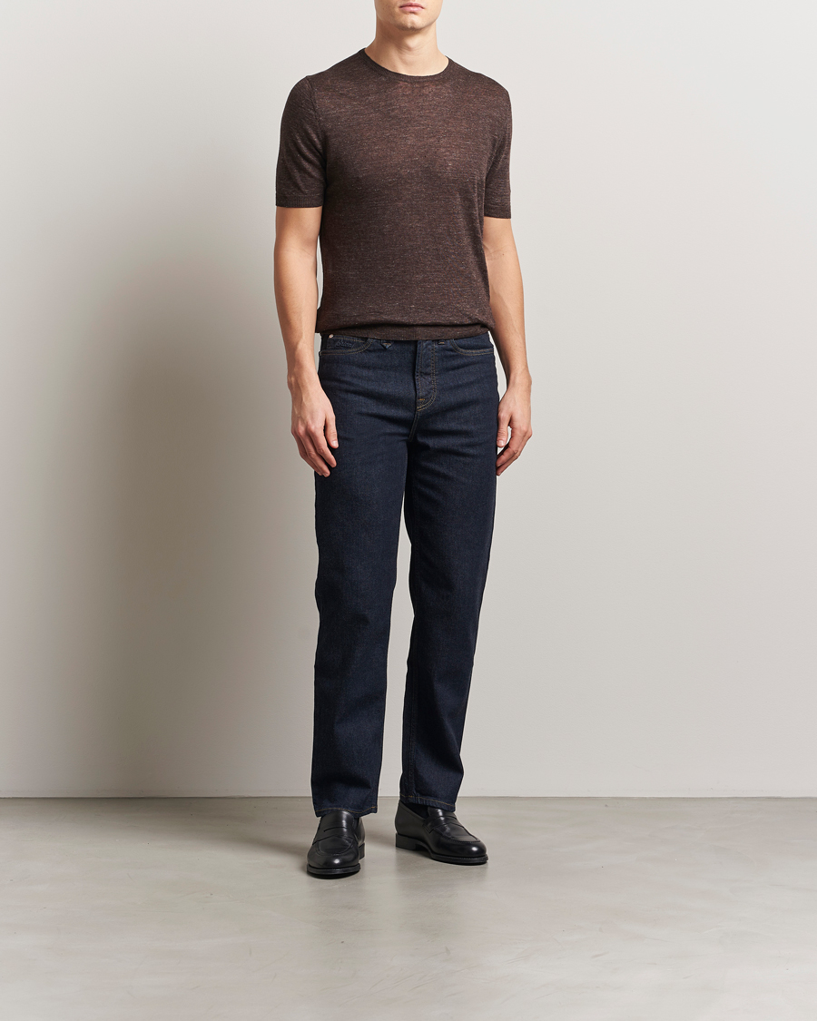 Herr | T-Shirts | Gran Sasso | Knitted Linen T-Shirt Dark Brown Melange