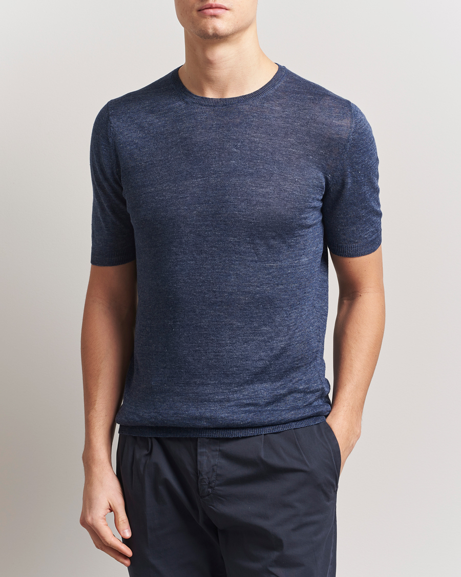 Herr | T-Shirts | Gran Sasso | Knitted Linen T-Shirt Navy Melange