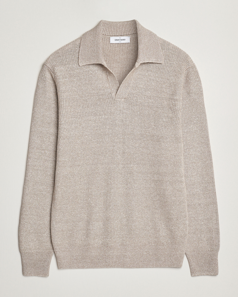 Herr | Tröjor | Gran Sasso | Linen/Cotton Open Collar Knitted Polo Beige Melange