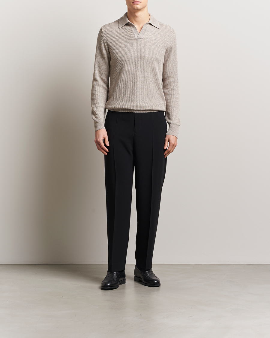 Herr | Tröjor | Gran Sasso | Linen/Cotton Open Collar Knitted Polo Beige Melange