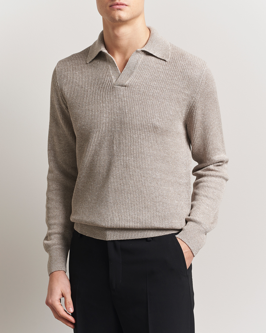 Herr | Tröjor | Gran Sasso | Linen/Cotton Open Collar Knitted Polo Beige Melange