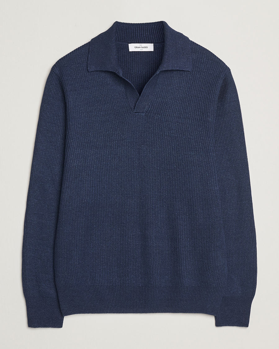 Herr | Tröjor | Gran Sasso | Linen/Cotton Open Collar Knitted Polo Navy Melange