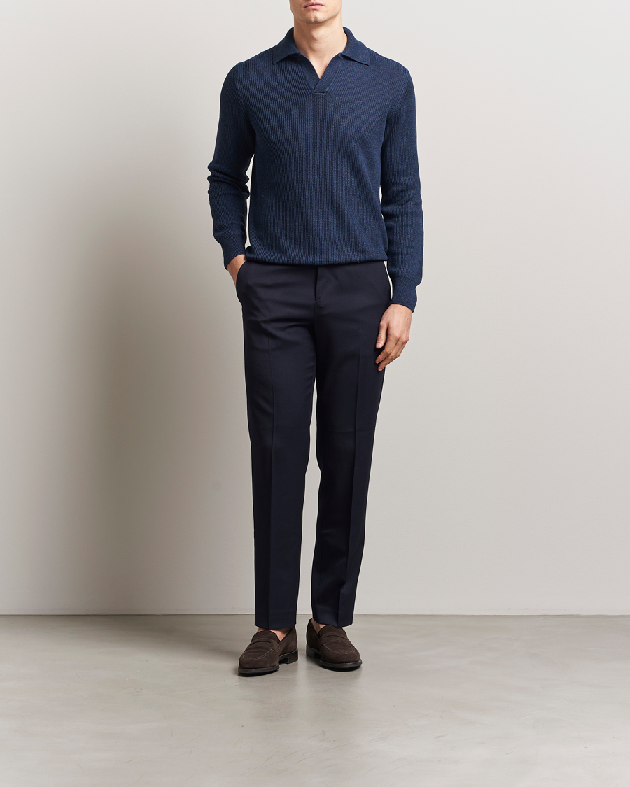 Herr | Tröjor | Gran Sasso | Linen/Cotton Open Collar Knitted Polo Navy Melange