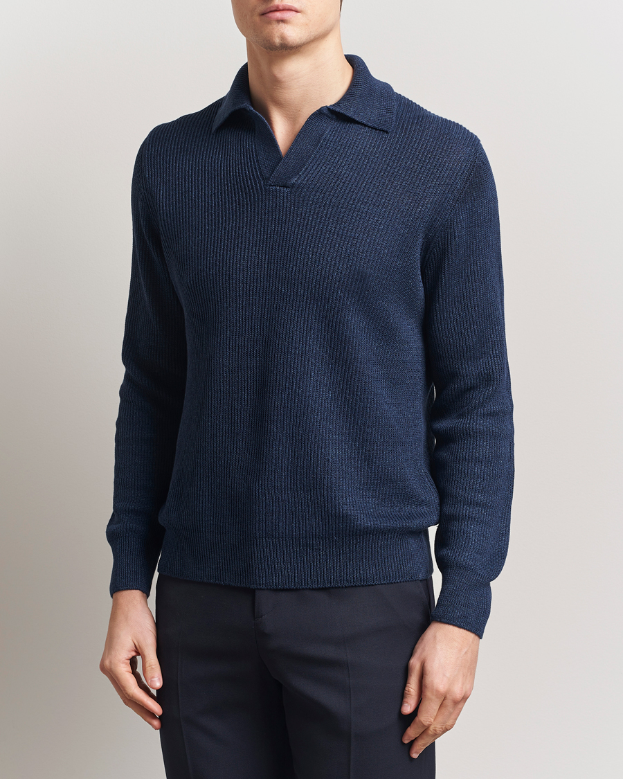 Herr | Tröjor | Gran Sasso | Linen/Cotton Open Collar Knitted Polo Navy Melange