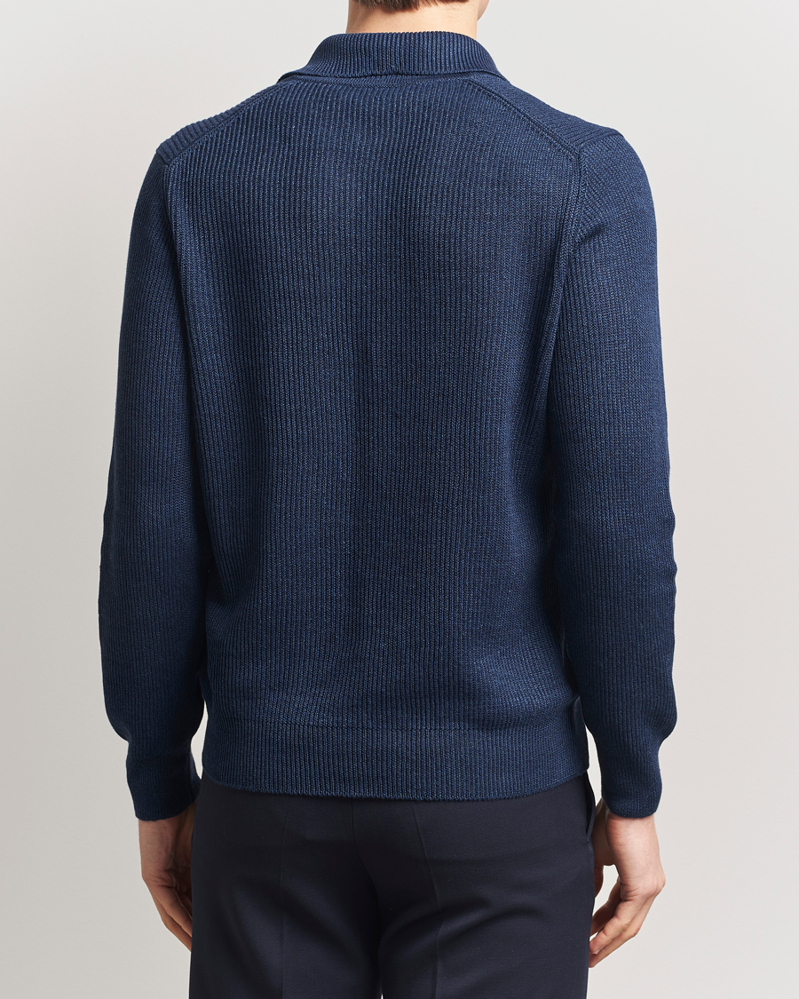 Herr | Tröjor | Gran Sasso | Linen/Cotton Open Collar Knitted Polo Navy Melange