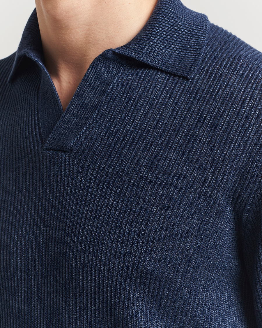 Herr | Tröjor | Gran Sasso | Linen/Cotton Open Collar Knitted Polo Navy Melange