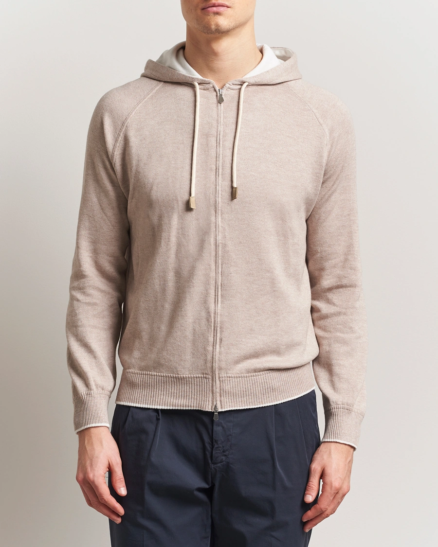 Herr | Tröjor | Gran Sasso | Cotton/Cashmere Knitted Hooded Full Zip Beige