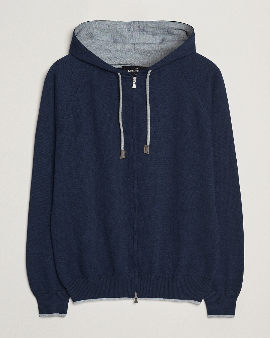 Herr | Tröjor | Gran Sasso | Cotton/Cashmere Knitted Hooded Full Zip Navy