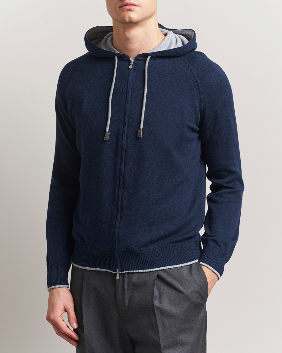 Herr | Tröjor | Gran Sasso | Cotton/Cashmere Knitted Hooded Full Zip Navy