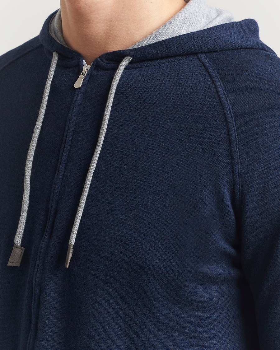 Herr | Tröjor | Gran Sasso | Cotton/Cashmere Knitted Hooded Full Zip Navy