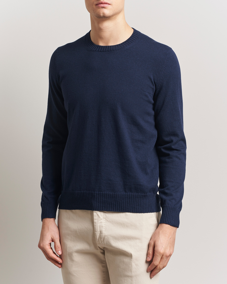 Herr | Tröjor | Gran Sasso | Cotton/Cashmere Knitted Crew Neck Sweater Navy Melange