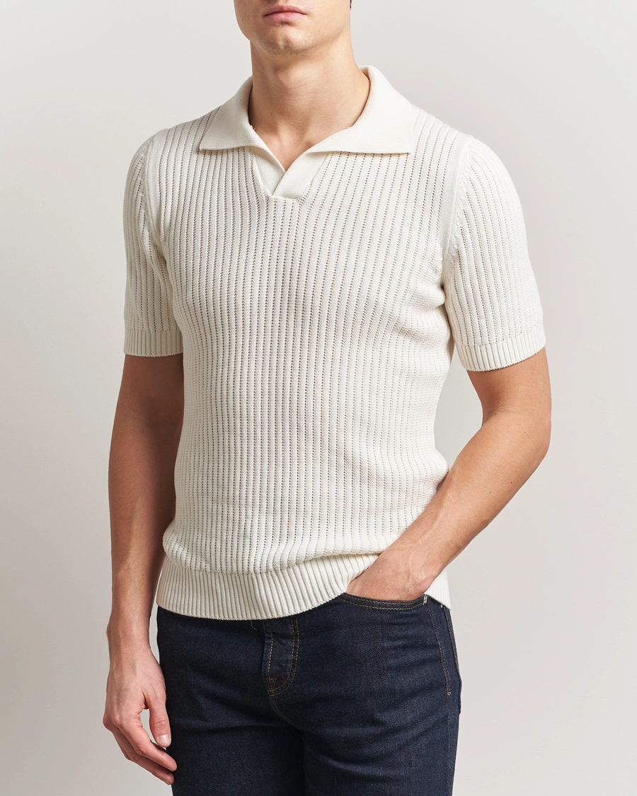 Herr | Pikéer | Gran Sasso | Cotton Heavy Knitted Open Collar Polo Cream