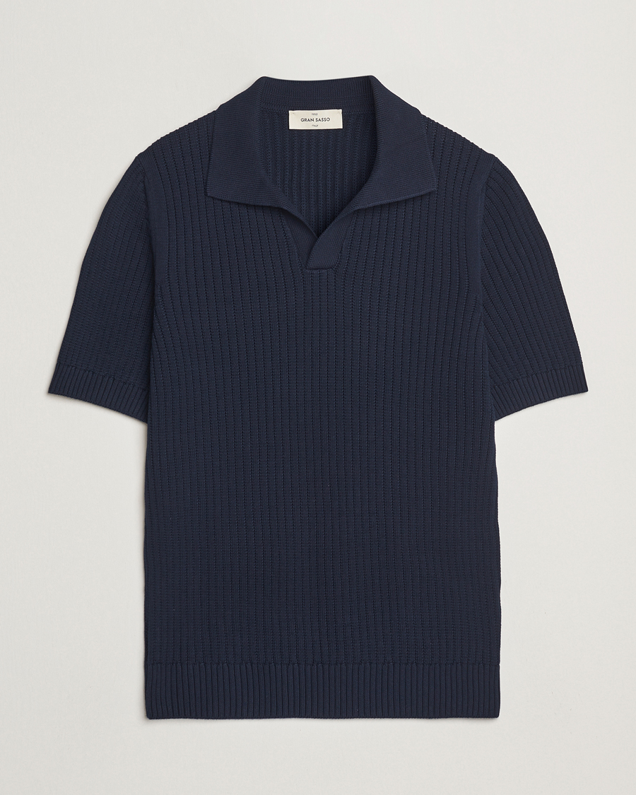 Herr | Pikéer | Gran Sasso | Cotton Heavy Knitted Open Collar Polo Navy