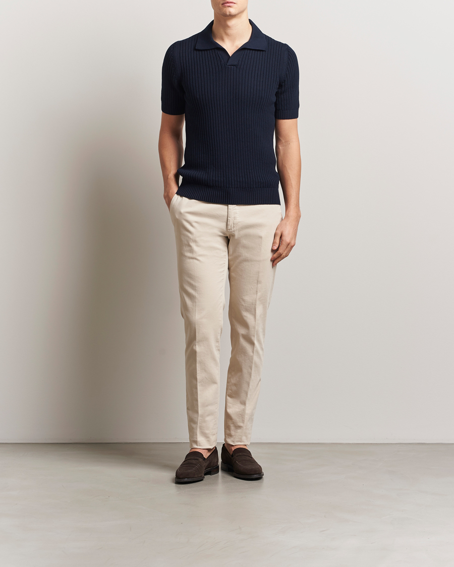 Herr | Pikéer | Gran Sasso | Cotton Heavy Knitted Open Collar Polo Navy